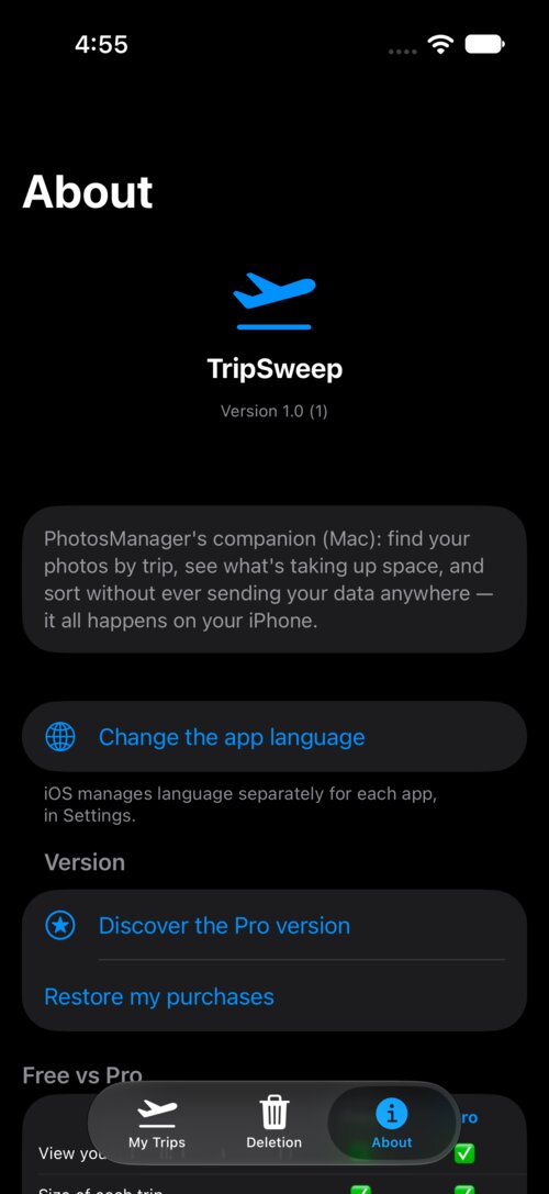 TripSweep's About screen