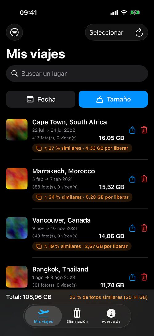 Lista de estancias en TripSweep, ordenada por tamaño
